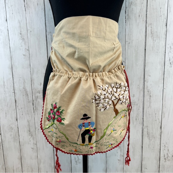 Handmade Other - VTG Handmade Embroidered Apron Pockets Lederhosen Cherry Blossom Floral Kitchen